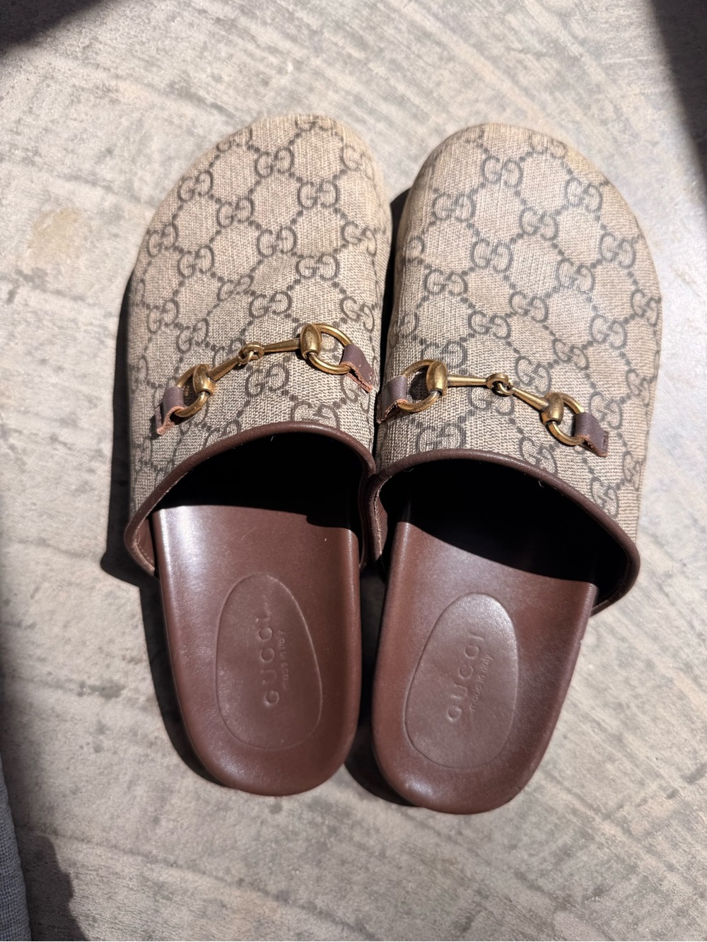 Gucci Beige GG Canvas Horsebit Slides with Brown Trim